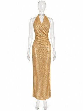 Vintage Chica’s California Gold Sequin Halter Gown Small